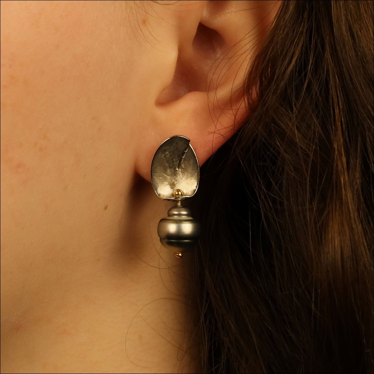 Two-Tone Tahitian Pearl Dangle Earrings 18KY Platinum (Consignment) - JewelsmithEarrings
