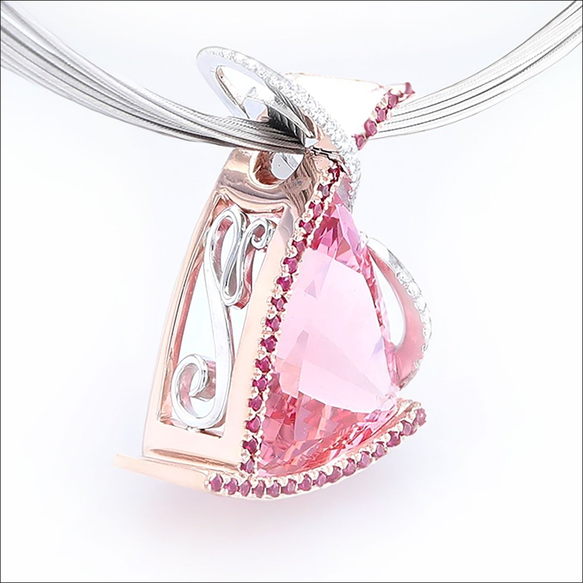 Vivid Pink Morganite Sapphire Diamond Pendant 14K Rose Platinum - JewelsmithPendants