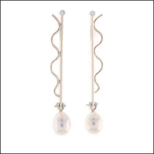 White Freshwater Pearl Diamond Wave and Bar Earrings 14KW - JewelsmithEarrings