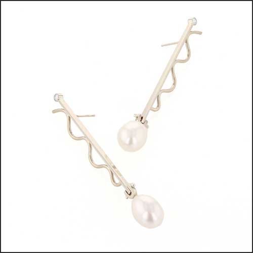 White Freshwater Pearl Diamond Wave and Bar Earrings 14KW - JewelsmithEarrings