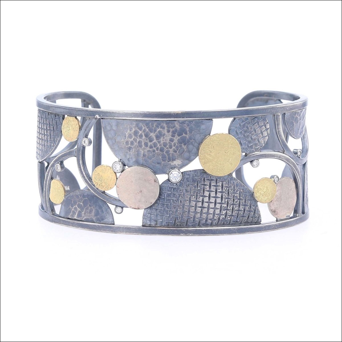 Wide Diamond Textured Circles Bracelet Sterling Silver 18KY 14KW - JewelsmithBracelets