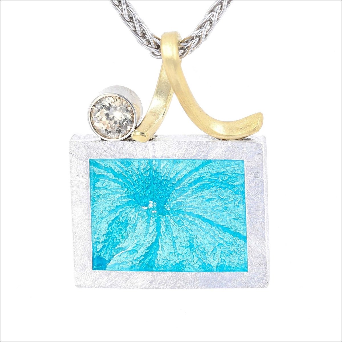 Zircon Teal Enamel Flower Frame Pendant Fine Silver 18KY - JewelsmithPendants
